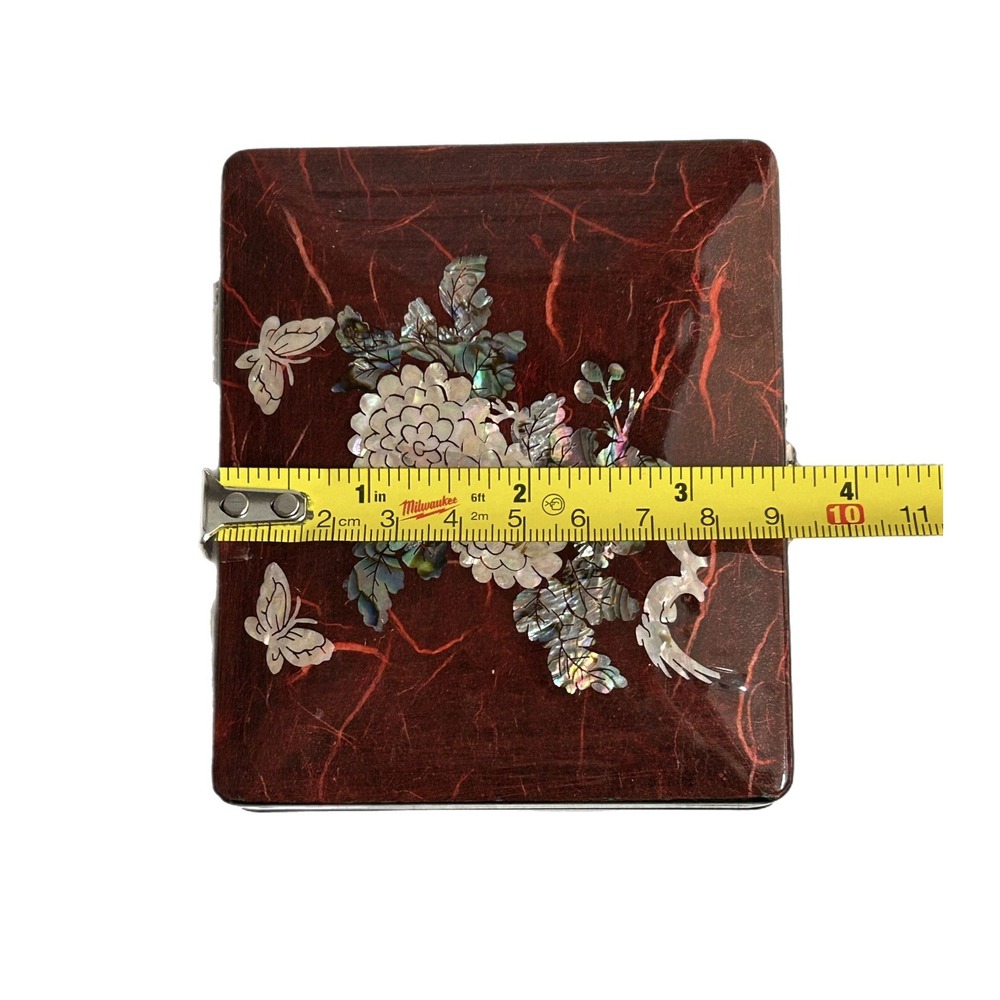 Trinket Box Lacquer Wooden Box Mother of Pearl‎ Inlay Asian Mirror Turtle Latch - Picture 11 of 13